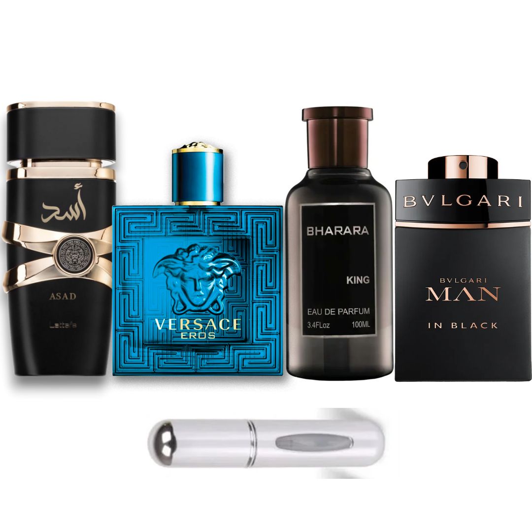 KIT PERFUMES - ASAD - EROS - BHARARA BVLGARI BLACK y PERFUMERO